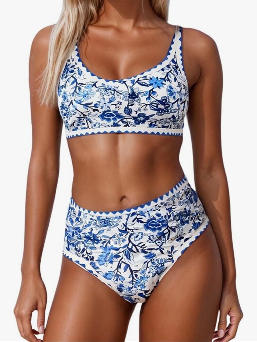 Floral Blue & White High-Waist Women’s Swim Set XL
